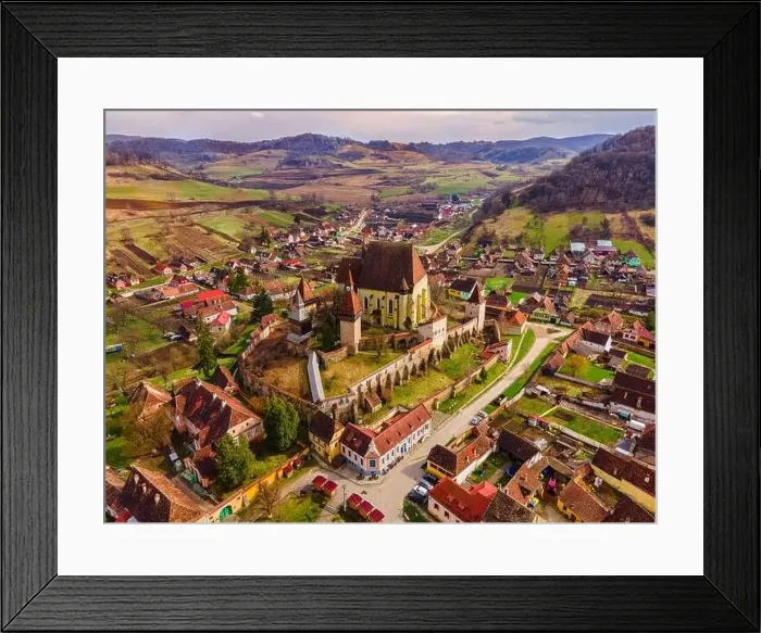 Framed Print : Birds eye view photography of a fortified church located in Romania Framed Print : Birds eye view photography of a fortified church located in Romania