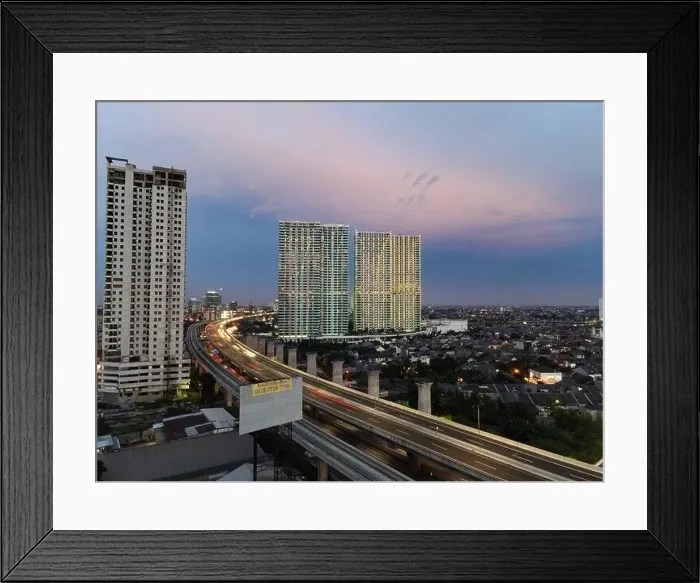 Framed Print : Aerial view of highway intersection and buildings in the city of Bekasi and noise cloud with Bekasi cityscape Framed Print : Aerial view of highway intersection and buildings in the city of Bekasi and noise cloud with Bekasi cityscape