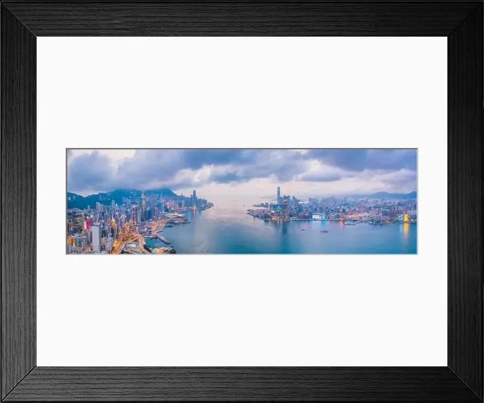 Framed Print : Epic aerial view of night scene of Victoria Harbour, Hong Kong, in golden hour. famous travel destination, metropolis Framed Print : Epic aerial view of night scene of Victoria Harbour, Hong Kong, in golden hour. famous travel destination, metropolis