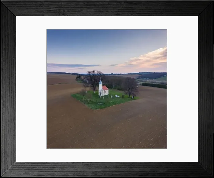 Framed Print : aerial photo of a small chapel with morning sunshine Framed Print : aerial photo of a small chapel with morning sunshine