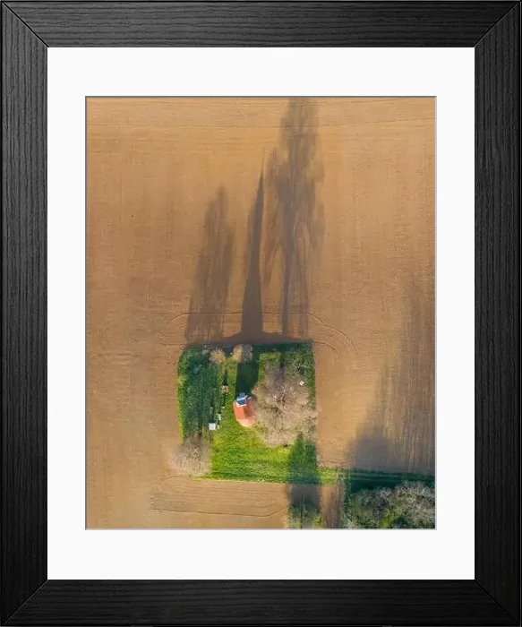Framed Print : aerial photo of a small chapel with morning sunshine Framed Print : aerial photo of a small chapel with morning sunshine