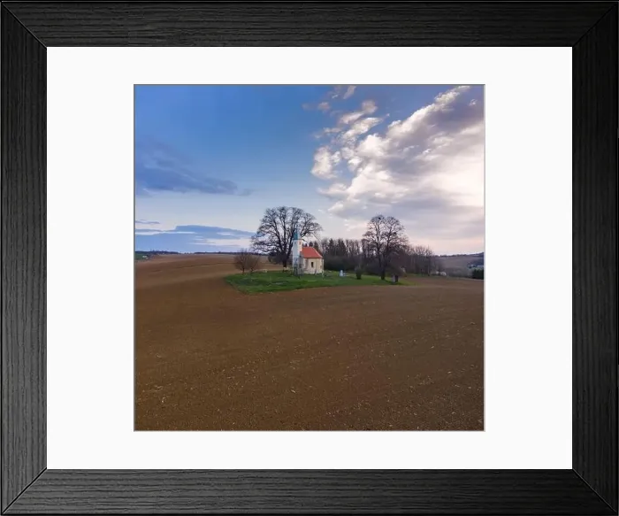 Framed Print : aerial photo of a small chapel with morning sunshine Framed Print : aerial photo of a small chapel with morning sunshine
