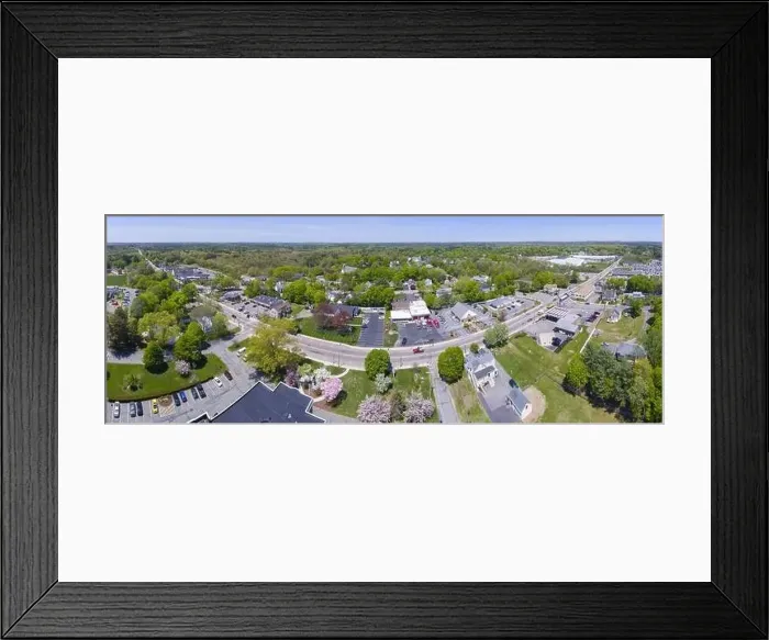 Framed Print : Aerial view panorama of Millis historic town center and Main Street in spring Framed Print : Aerial view panorama of Millis historic town center and Main Street in spring