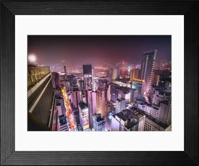 Framed Print : Hong Kong - 05 April 2019 - Aerial Rooftop View of Futuristic Urban City Setting with Skyscrapers