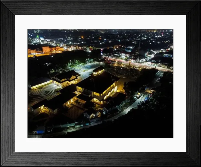 Framed Print : Aerial drone view of Monument Gedung Juang is one of historical building in Tambun at night Framed Print : Aerial drone view of Monument Gedung Juang is one of historical building in Tambun at night