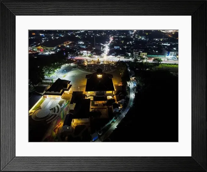 Framed Print : Aerial drone view of Monument Gedung Juang is one of historical building in Tambun at night Framed Print : Aerial drone view of Monument Gedung Juang is one of historical building in Tambun at night
