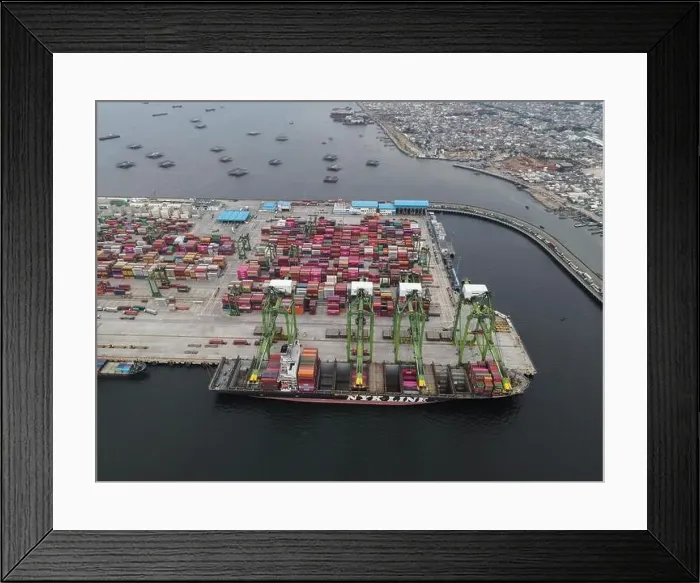 Framed Print : Aerial view of Container ship loading and unloading in deep sea port Framed Print : Aerial view of Container ship loading and unloading in deep sea port