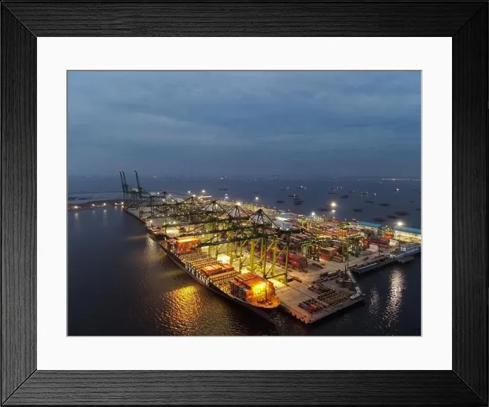 Framed Print : Aerial view of Container ship loading and unloading in deep sea port Framed Print : Aerial view of Container ship loading and unloading in deep sea port