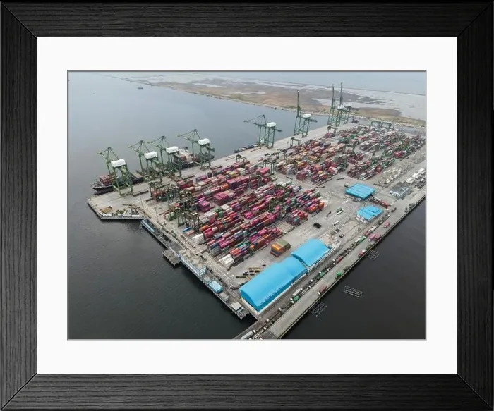 Framed Print : Aerial view of Container ship loading and unloading in deep sea port Framed Print : Aerial view of Container ship loading and unloading in deep sea port