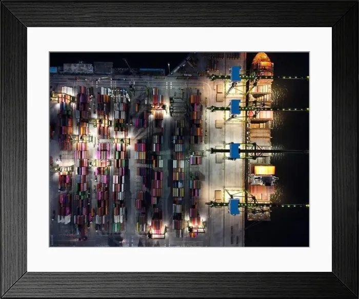 Framed Print : Aerial view of Container ship loading and unloading in deep sea port Framed Print : Aerial view of Container ship loading and unloading in deep sea port