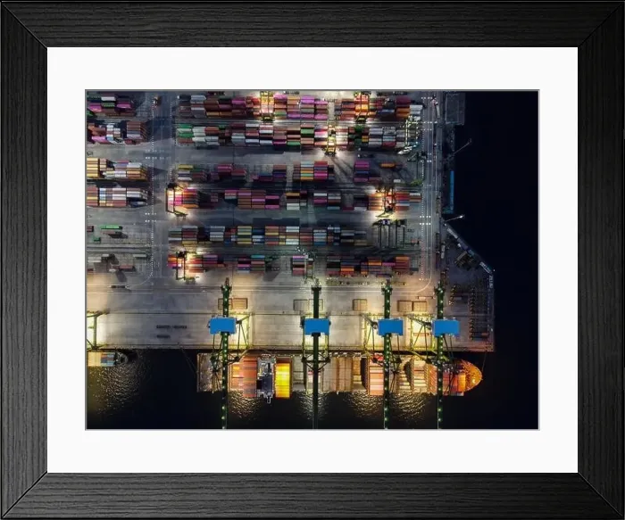 Framed Print : Aerial view of Container ship loading and unloading in deep sea port Framed Print : Aerial view of Container ship loading and unloading in deep sea port