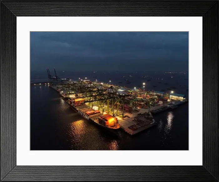 Framed Print : Aerial view of Container ship loading and unloading in deep sea port Framed Print : Aerial view of Container ship loading and unloading in deep sea port