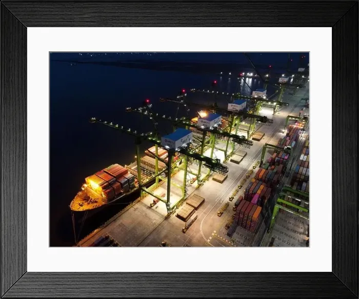 Framed Print : Aerial view of Container ship loading and unloading in deep sea port Framed Print : Aerial view of Container ship loading and unloading in deep sea port