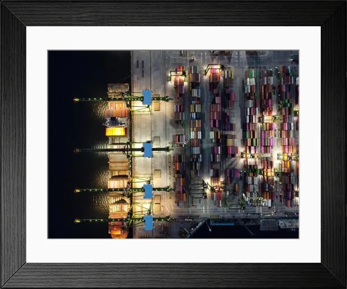 Framed Print : Aerial view of Container ship loading and unloading in deep sea port Framed Print : Aerial view of Container ship loading and unloading in deep sea port