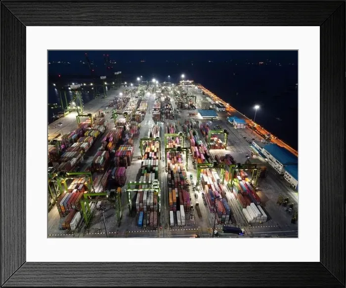 Framed Print : Aerial view of Container ship loading and unloading in deep sea port Framed Print : Aerial view of Container ship loading and unloading in deep sea port