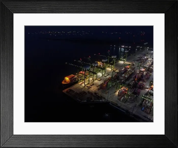 Framed Print : Aerial view of Container ship loading and unloading in deep sea port Framed Print : Aerial view of Container ship loading and unloading in deep sea port