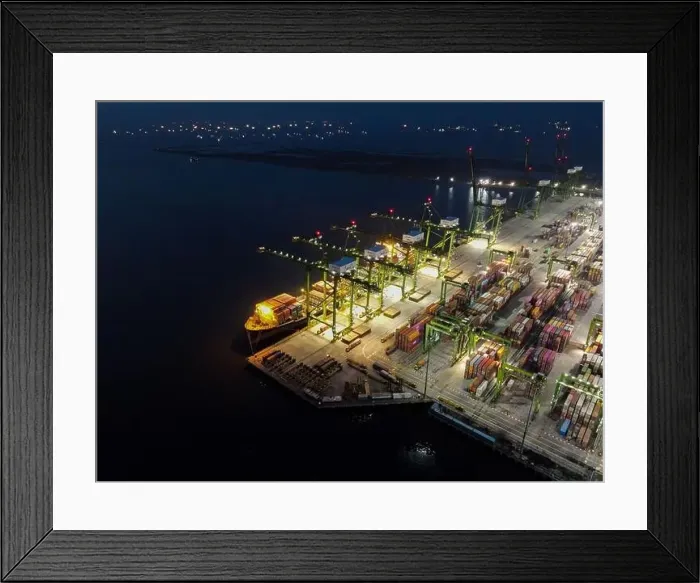 Framed Print : Aerial view of Container ship loading and unloading in deep sea port Framed Print : Aerial view of Container ship loading and unloading in deep sea port