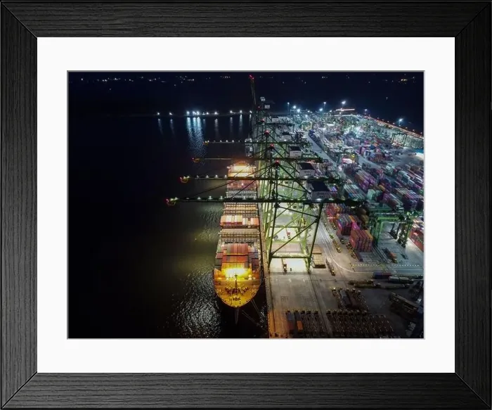 Framed Print : Aerial view of Container ship loading and unloading in deep sea port Framed Print : Aerial view of Container ship loading and unloading in deep sea port