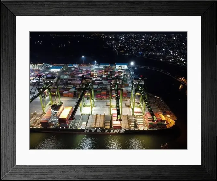 Framed Print : Aerial view of Container ship loading and unloading in deep sea port Framed Print : Aerial view of Container ship loading and unloading in deep sea port