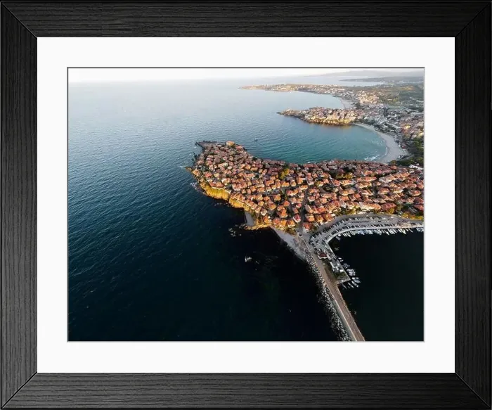 Framed Print : Aerial sunset panorama of old town of Sozopol, Burgas Region, Bulgaria Framed Print : Aerial sunset panorama of old town of Sozopol, Burgas Region, Bulgaria