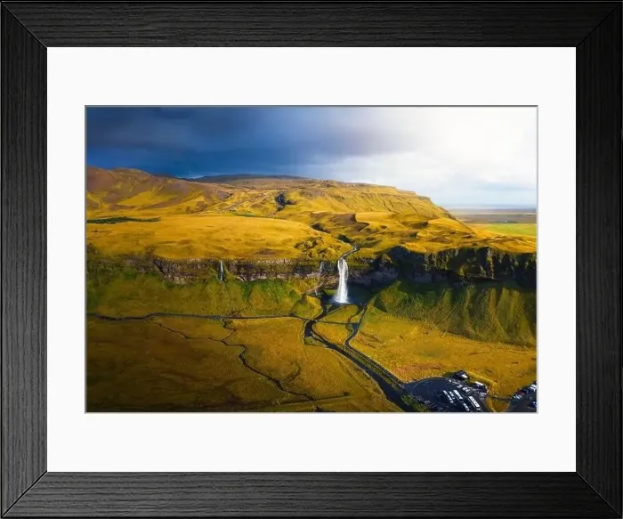 Framed Print : Aerial view of Seljalandsfoss Waterfall in Iceland at sunset Framed Print : Aerial view of Seljalandsfoss Waterfall in Iceland at sunset