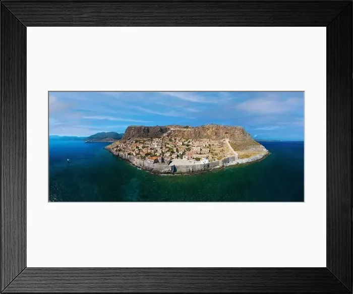 Framed Print : Aerial view of medieval town of Monemvasia located on small island in Lakonia of Peloponnese, Greece Framed Print : Aerial view of medieval town of Monemvasia located on small island in Lakonia of Peloponnese, Greece