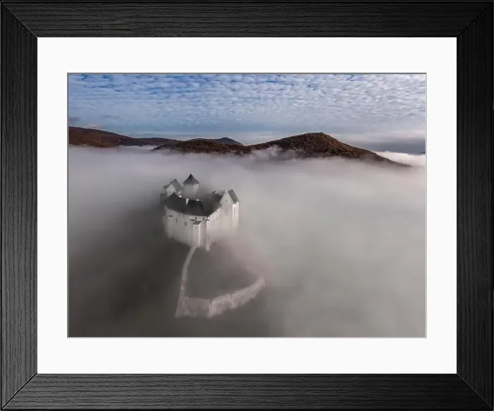 Framed Print : Fuzer, Hungary - Aerial view of the beautiful Castle of Fuzer standing out of the fog on an autumn morning with Zemplen Framed Print : Fuzer, Hungary - Aerial view of the beautiful Castle of Fuzer standing out of the fog on an autumn morning with Zemplen