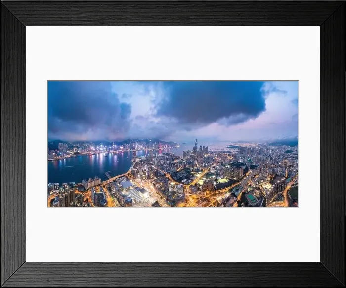 Framed Print : Epic aerial view of night scene of Victoria Harbour, Hong Kong, famous travel destination, metropolis Framed Print : Epic aerial view of night scene of Victoria Harbour, Hong Kong, famous travel destination, metropolis