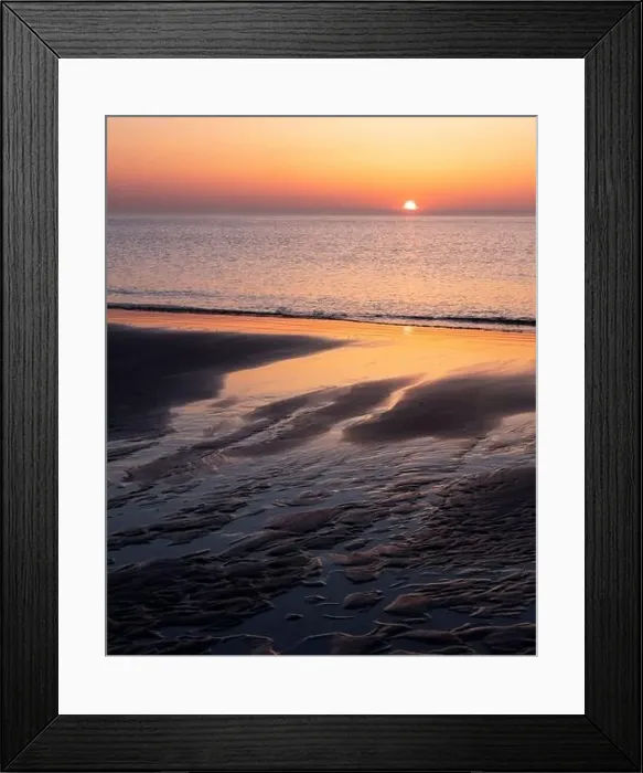 Framed Print : pattern in sand and colorful reflection of setting sun in water Framed Print : pattern in sand and colorful reflection of setting sun in water