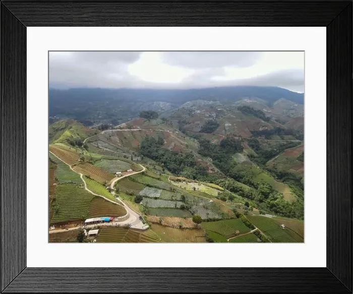 Framed Print : Aerial view of World heritage Panyaweuyan rice terraces in Majalengka with noise cloud