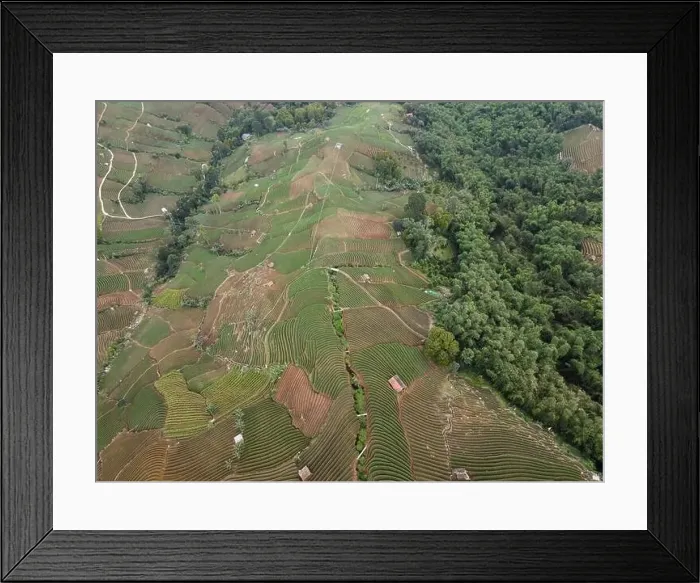 Framed Print : Aerial view of World heritage Panyaweuyan rice terraces in Majalengka with noise cloud Framed Print : Aerial view of World heritage Panyaweuyan rice terraces in Majalengka with noise cloud