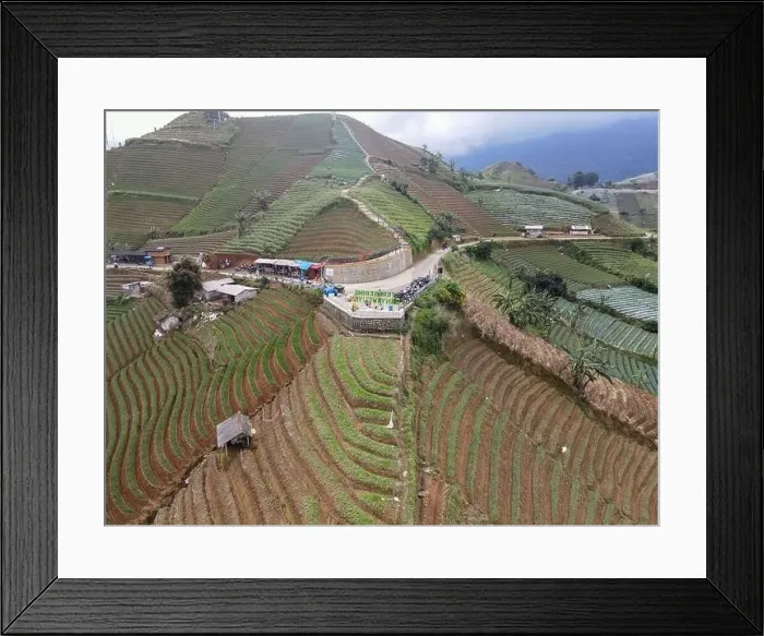 Framed Print : Aerial view of World heritage Panyaweuyan rice terraces in Majalengka with noise cloud