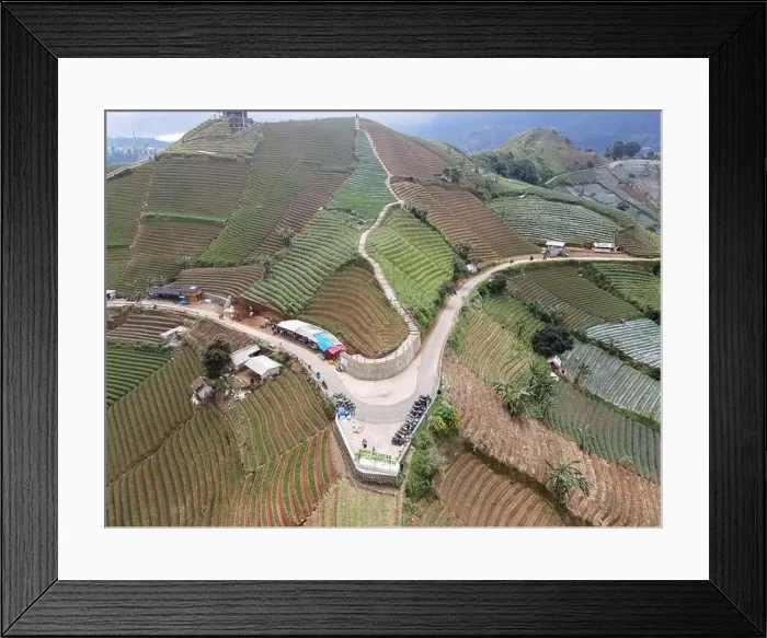 Framed Print : Aerial view of World heritage Panyaweuyan rice terraces in Majalengka with noise cloud Framed Print : Aerial view of World heritage Panyaweuyan rice terraces in Majalengka with noise cloud