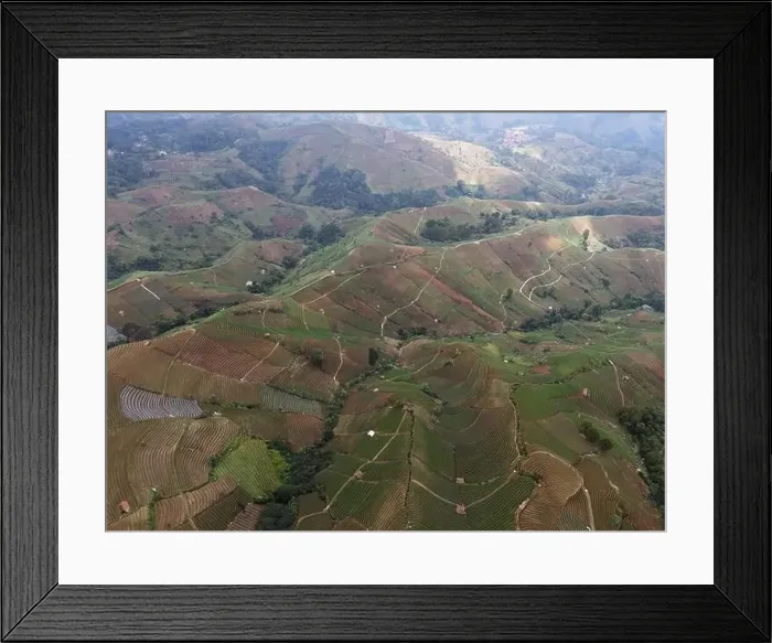 Framed Print : Aerial view of World heritage Panyaweuyan rice terraces in Majalengka with noise cloud Framed Print : Aerial view of World heritage Panyaweuyan rice terraces in Majalengka with noise cloud