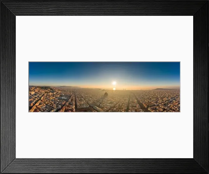 Framed Print : Aerial panorama drone shot of skyline in Barcelona city center in foggy sunrise golden hour in Spain winter Framed Print : Aerial panorama drone shot of skyline in Barcelona city center in foggy sunrise golden hour in Spain winter