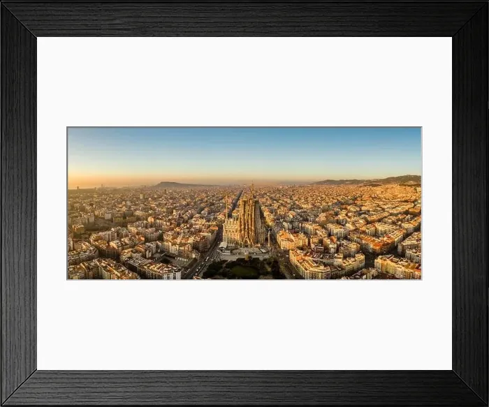 Framed Print : Aerial panorama drone shot of Barcelona city center in sunrise golden hour in Spain winter