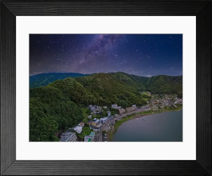Framed Print : Breathtaking aerial view of Kawguchi lake, village and mountain at night Framed Print : Breathtaking aerial view of Kawguchi lake, village and mountain at night