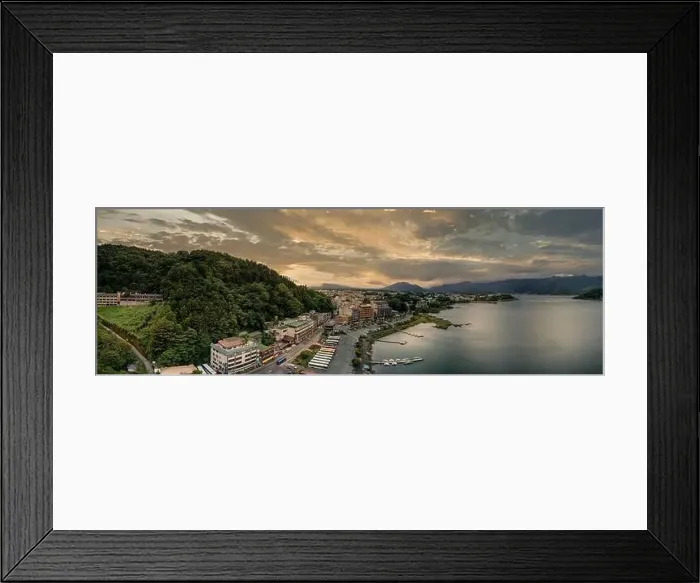 Framed Print : Panorama photo of Kawaguchi lake under dramatic sunset sky Framed Print : Panorama photo of Kawaguchi lake under dramatic sunset sky