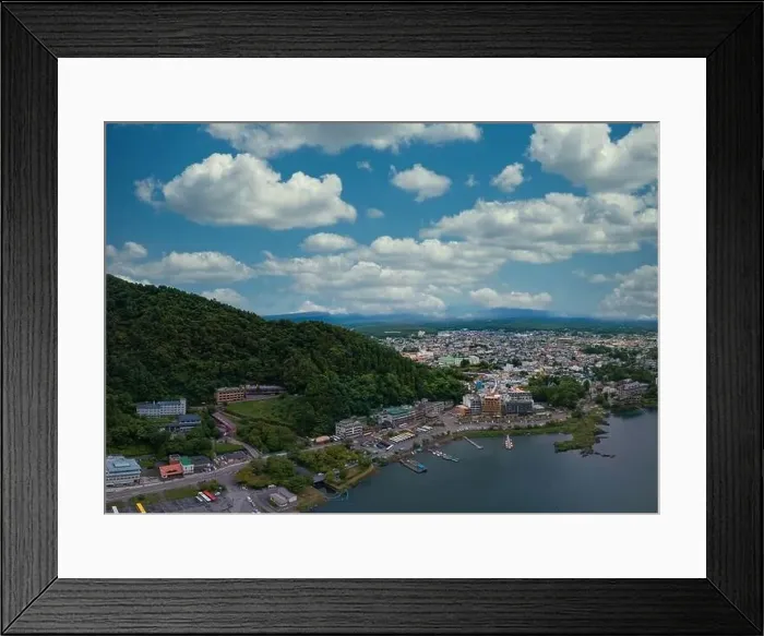 Framed Print : Kawaguchi lake and lakeside townscape under summer blue sky Framed Print : Kawaguchi lake and lakeside townscape under summer blue sky