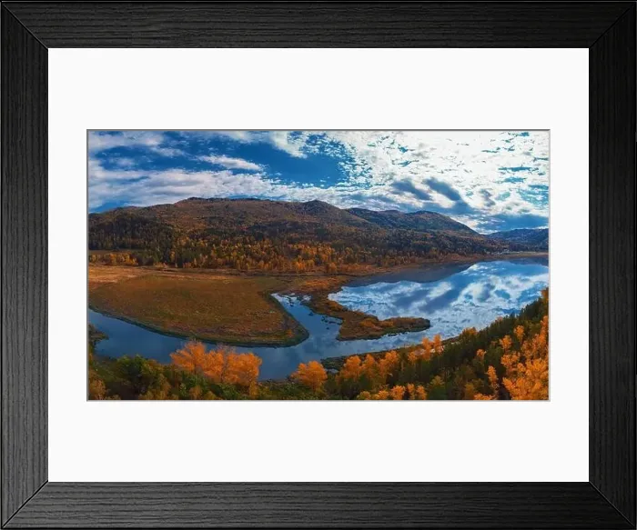 Framed Print : Aerial view of road and lake in beautiful autumn Altai forest Framed Print : Aerial view of road and lake in beautiful autumn Altai forest
