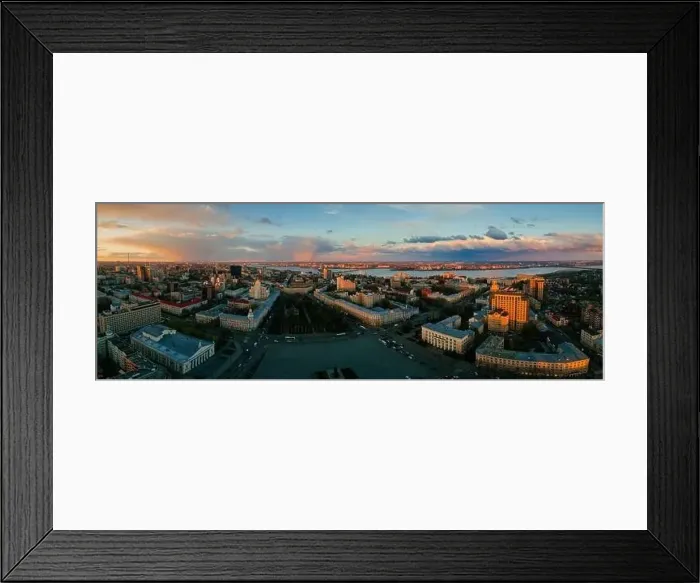 Framed Print : Panorama of Evening spring central Voronezh cityscape at sunset, aerial view Framed Print : Panorama of Evening spring central Voronezh cityscape at sunset, aerial view