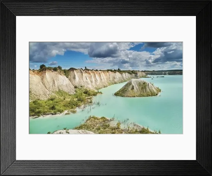Framed Print : Old mine flooded with green water aerial drone view Framed Print : Old mine flooded with green water aerial drone view