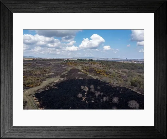 Framed Print : Drone view of recent arson attack at Waldridge Fell Framed Print : Drone view of recent arson attack at Waldridge Fell