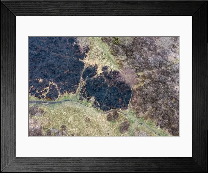 Framed Print : Drone view of recent arson attack at Waldridge Fell Framed Print : Drone view of recent arson attack at Waldridge Fell