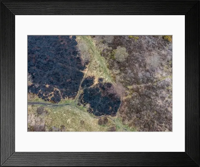Framed Print : Drone view of recent arson attack at Waldridge Fell Framed Print : Drone view of recent arson attack at Waldridge Fell