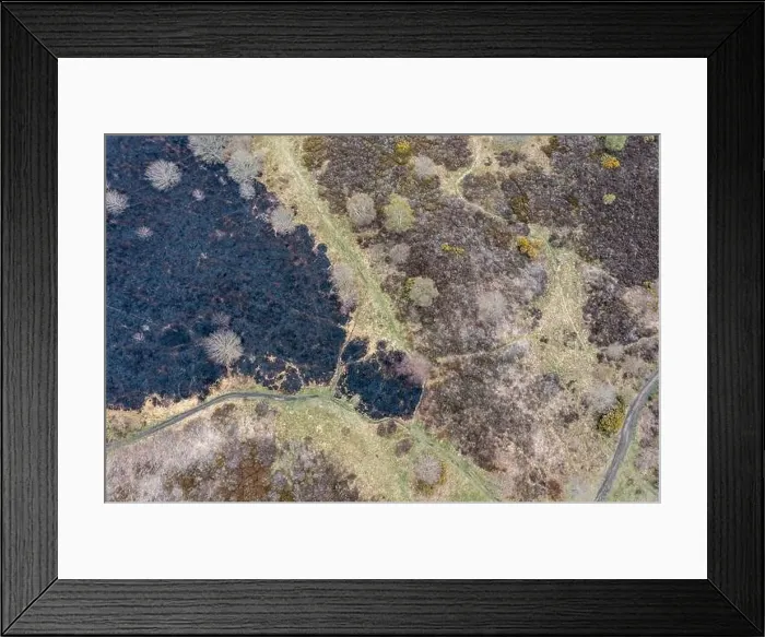 Framed Print : Drone view of recent arson attack at Waldridge Fell Framed Print : Drone view of recent arson attack at Waldridge Fell