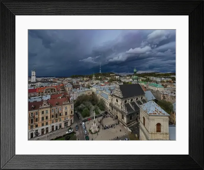 Framed Print : Lviv, Ukraine - May 1, 2021: Aerial view on Bernardine church in Lviv from drone Framed Print : Lviv, Ukraine - May 1, 2021: Aerial view on Bernardine church in Lviv from drone