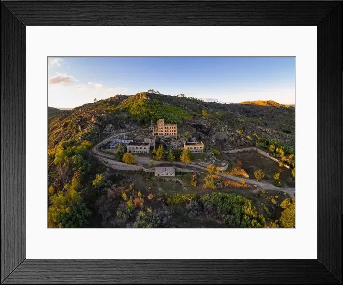 Framed Print : Drone aerial panorama of Termas Radium Hotel Serra da Pena at sunset in Sortelha, Portugal Framed Print : Drone aerial panorama of Termas Radium Hotel Serra da Pena at sunset in Sortelha, Portugal
