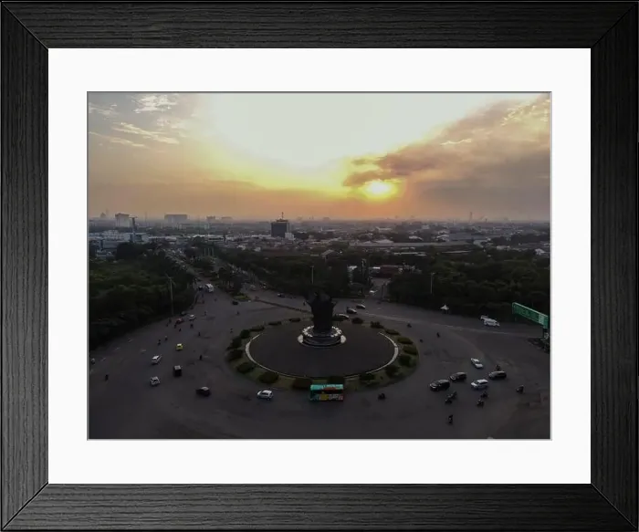 Framed Print : Aerial top down of traffic in Bekasi roundabout during sunny day. Cars passing road. Bekasi. Indonesia. May, 6 2021 Framed Print : Aerial top down of traffic in Bekasi roundabout during sunny day. Cars passing road. Bekasi. Indonesia. May, 6 2021