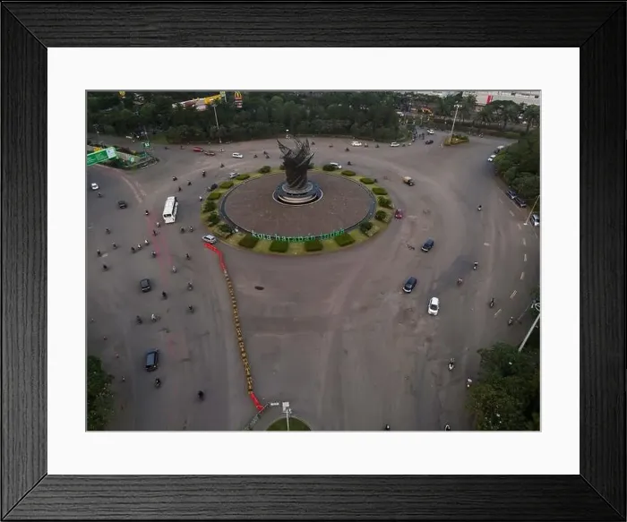 Framed Print : Aerial top down of traffic in Bekasi roundabout during sunny day. Cars passing road. Bekasi. Indonesia. May, 6 2021 Framed Print : Aerial top down of traffic in Bekasi roundabout during sunny day. Cars passing road. Bekasi. Indonesia. May, 6 2021